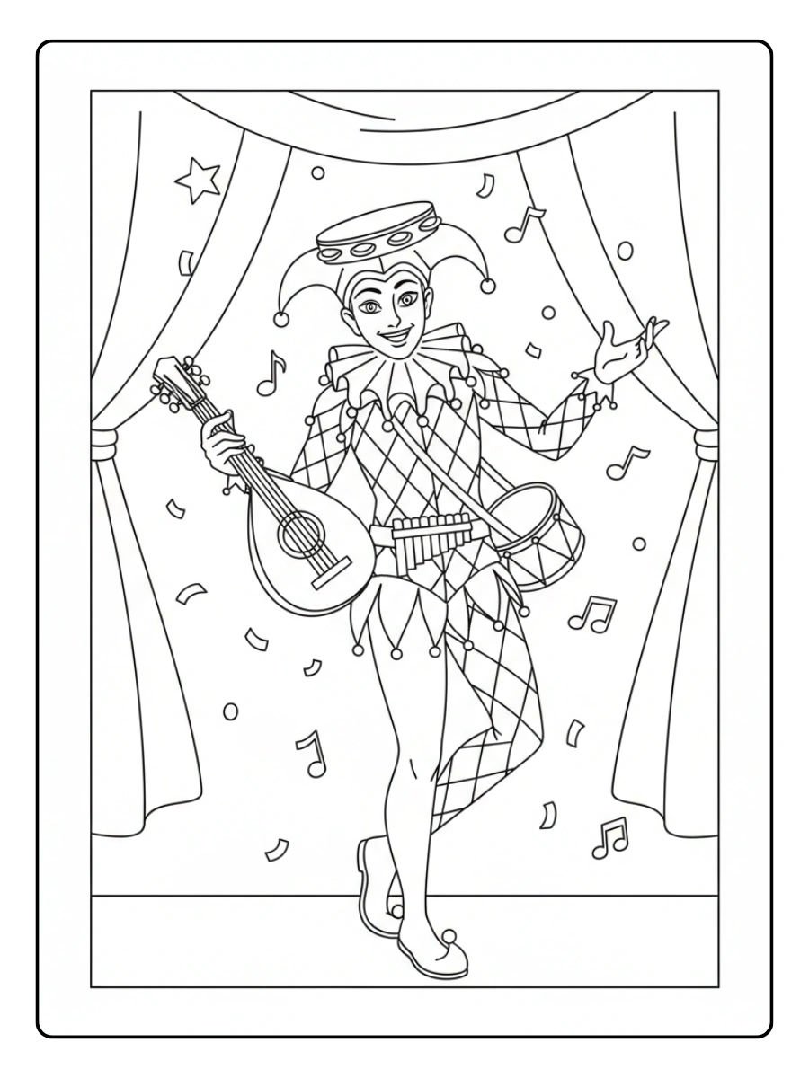 Disegni da Colorare Arlecchino – Arlecchino con strumenti musicali