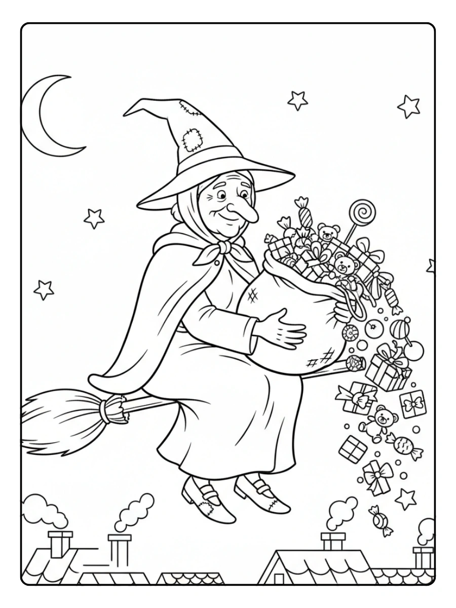 Disegni da Colorare Befana – Befana con sacco di dolci