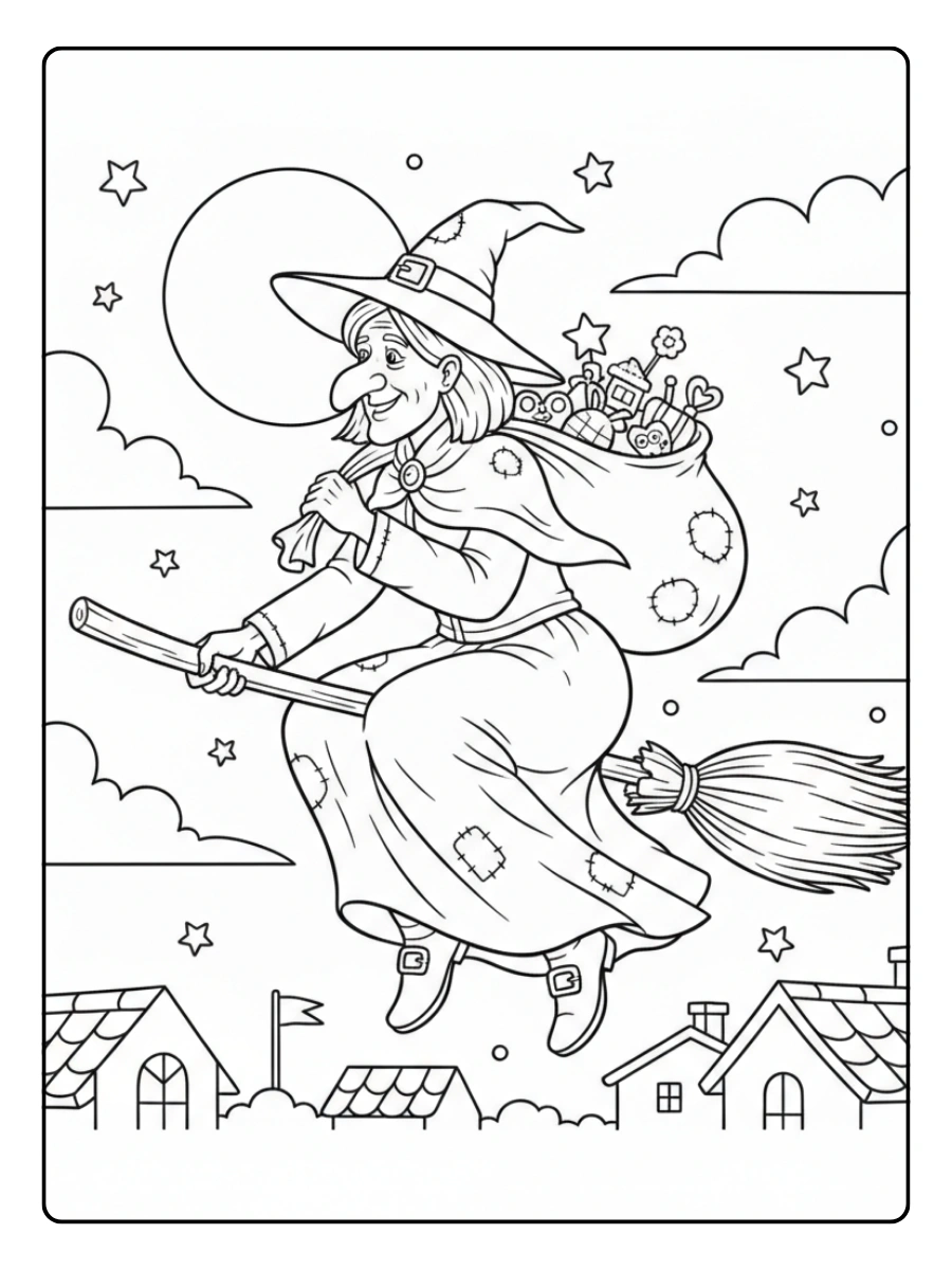 Disegni da Colorare Befana – Befana in cielo