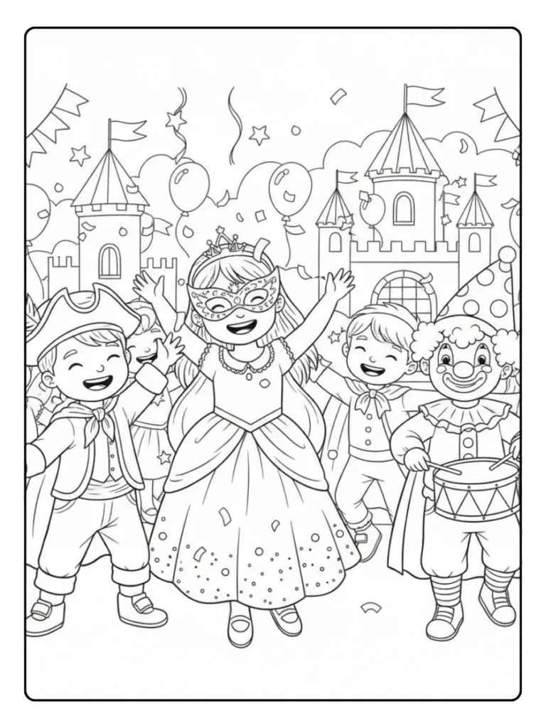 Disegni da Colorare del Carnevale – Bambini che festeggiano