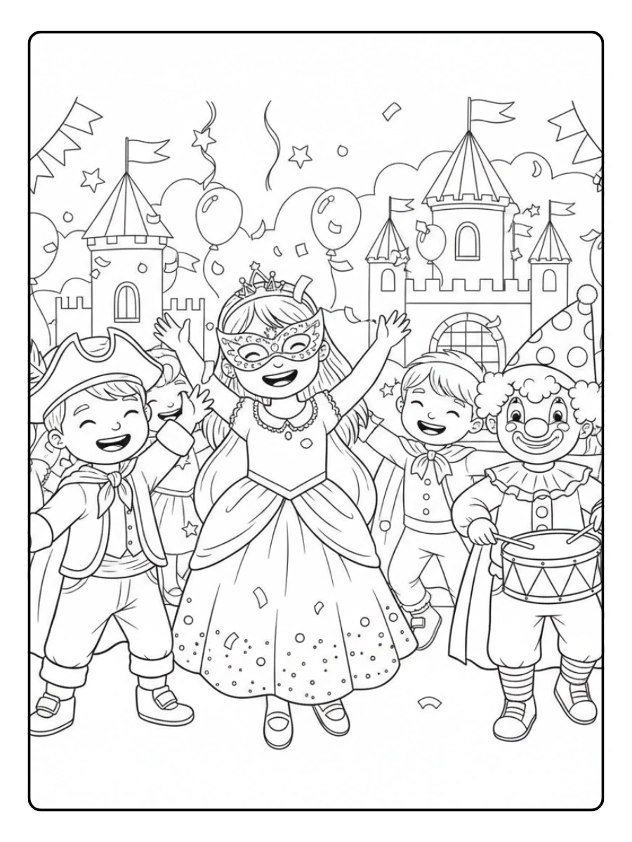 Disegni da Colorare del Carnevale – Bambini che festeggiano