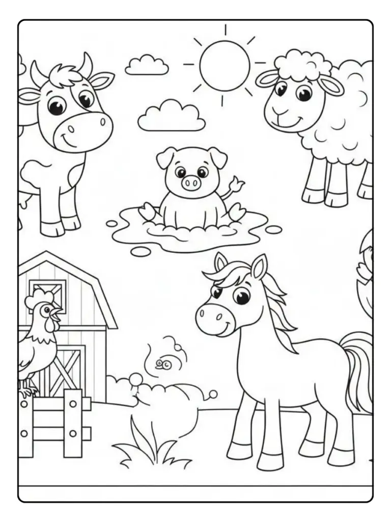 Disegni da colorare animali fattoria stile cartoon