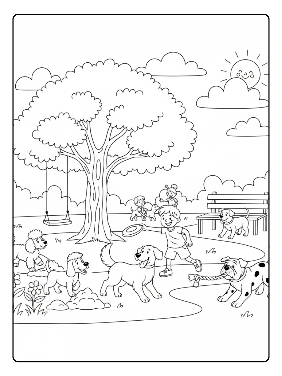 Disegni da colorare cani al parco per bambini