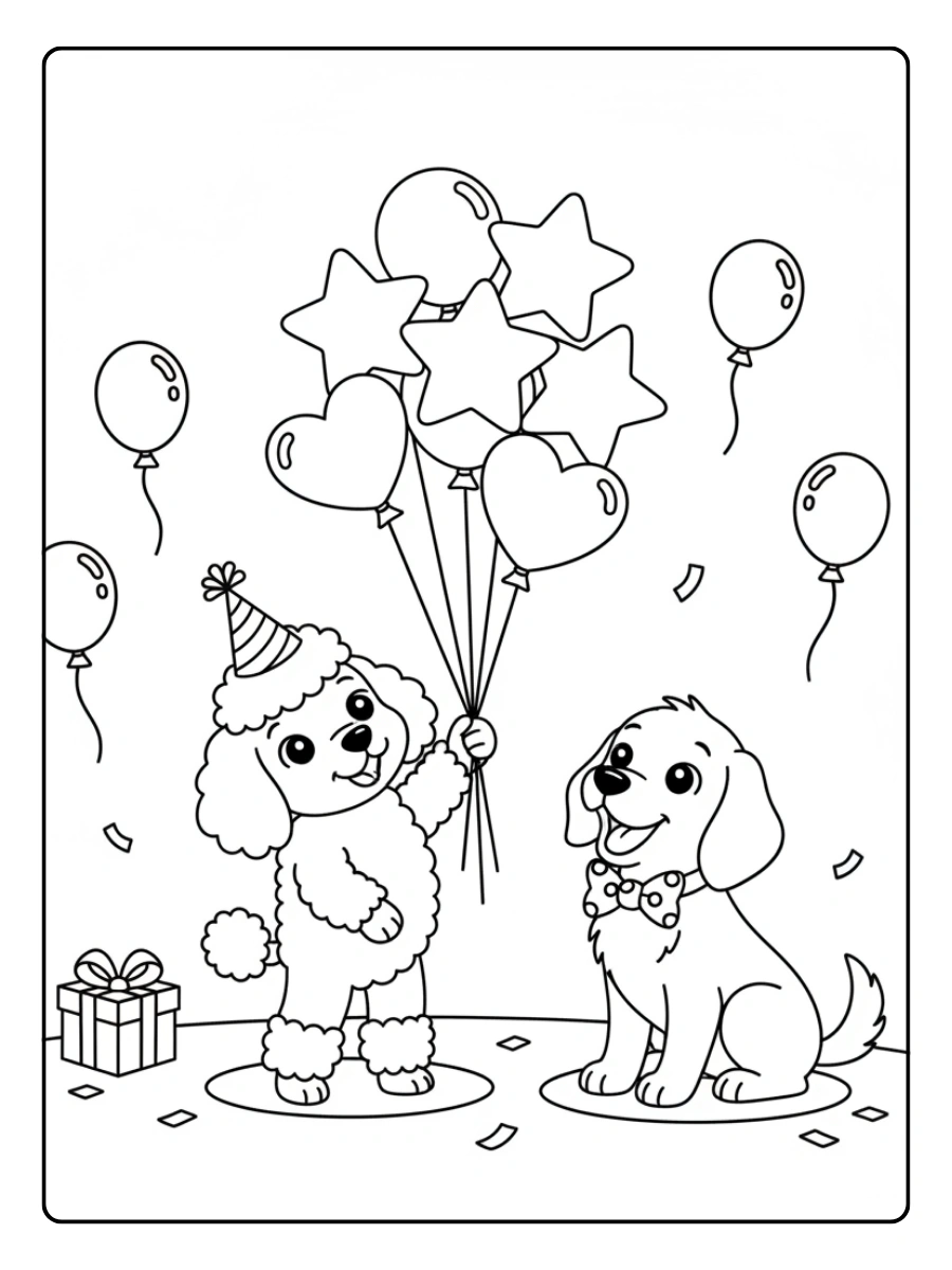 Disegni da colorare cani con palloncini per feste