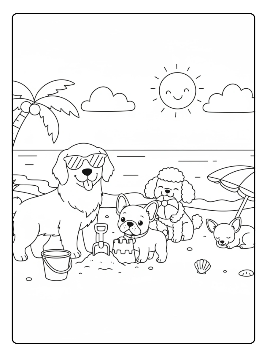 Disegni da colorare cani sulla spiaggia da stampare