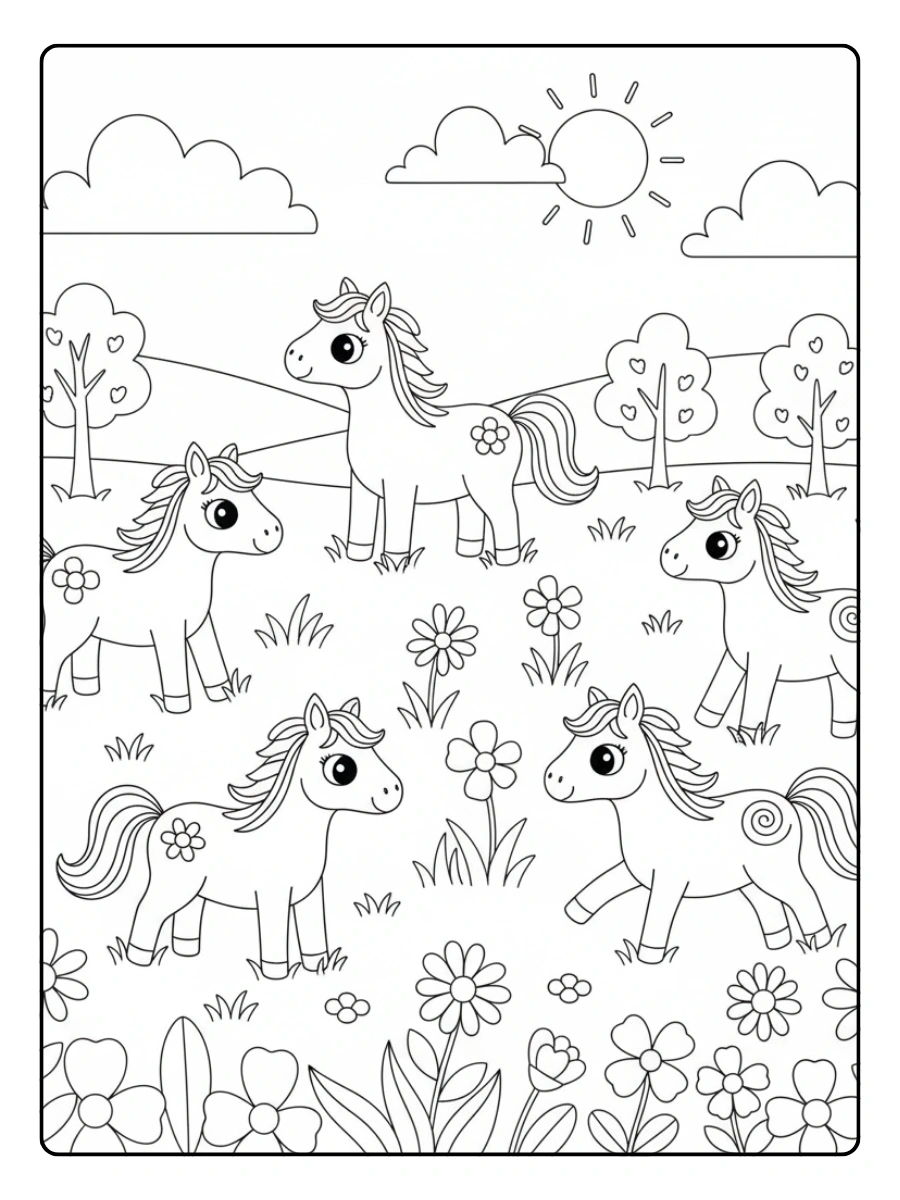 Disegni da colorare cavalli nel prato