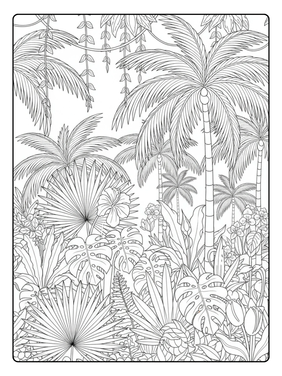 Disegni da colorare di piante tropicali con palme esotiche