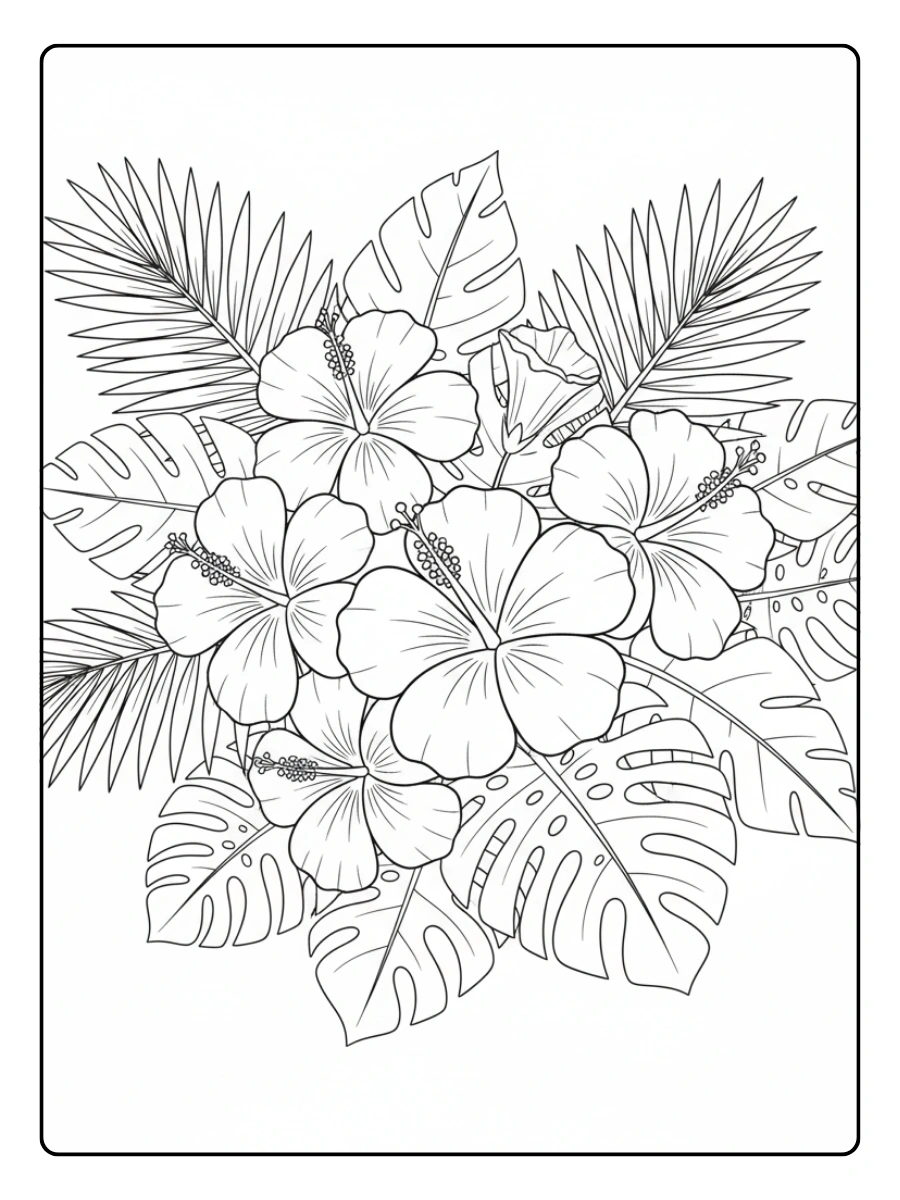 Disegni da colorare di piante tropicali e fiori di ibisco