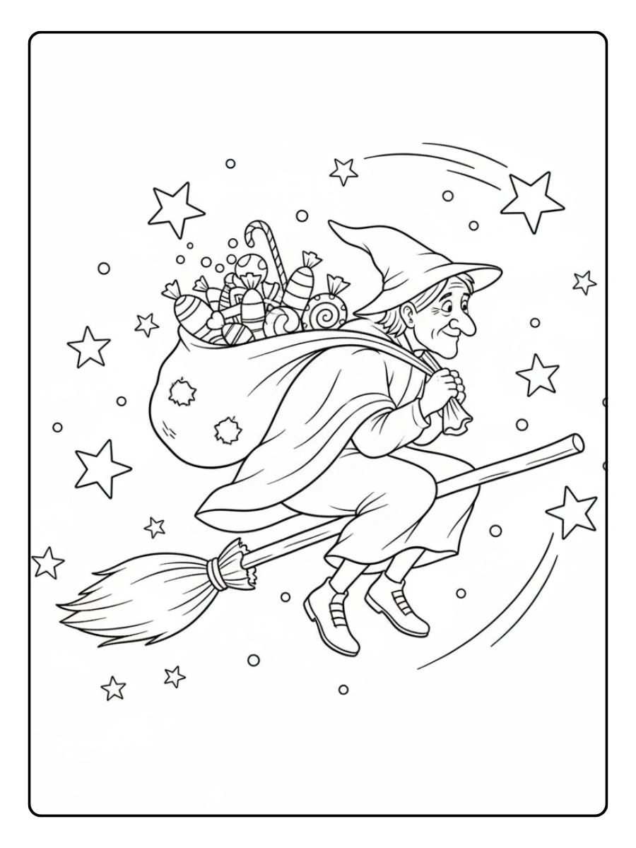 Disegni della Befana da colorare – Befana con stelle