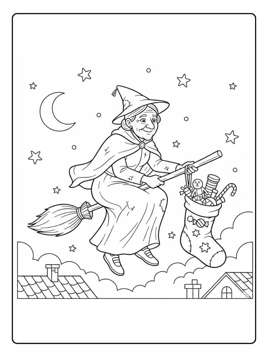 Disegni della Befana da colorare – Befana e calza
