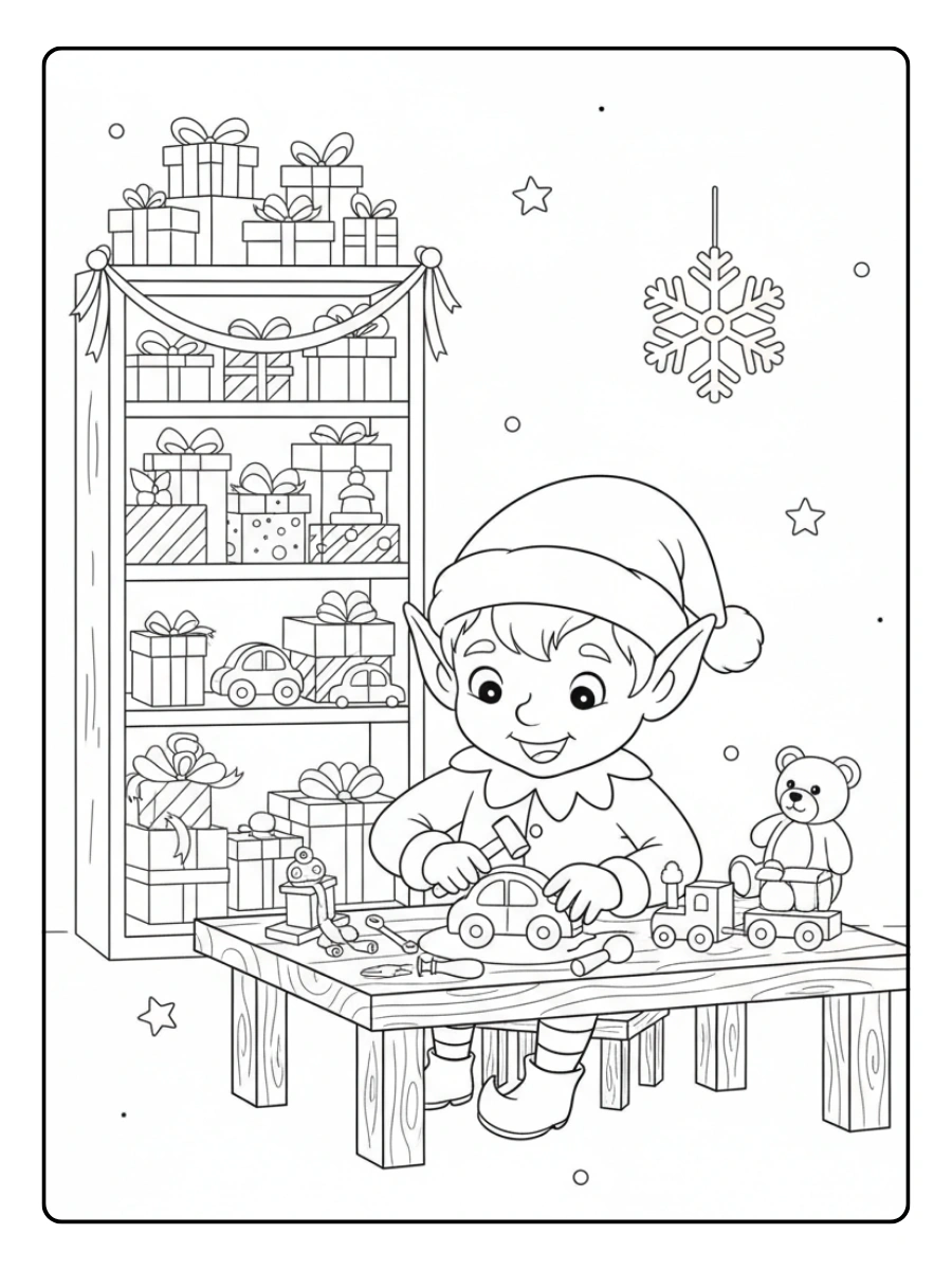 Elfi di Babbo Natale disegni da colorare che lavorano
