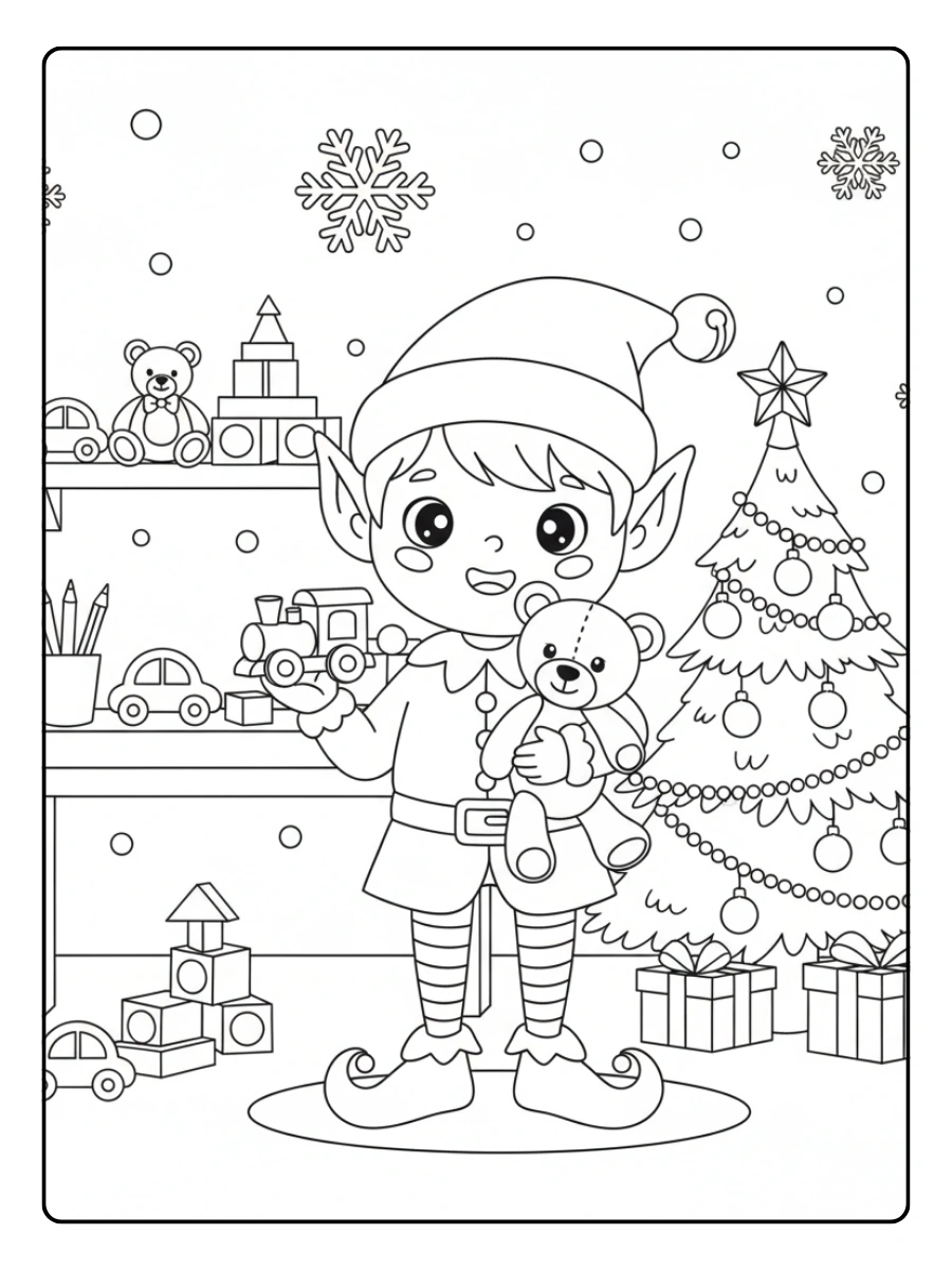 Elfi di Babbo Natale disegni da colorare con giocattoli