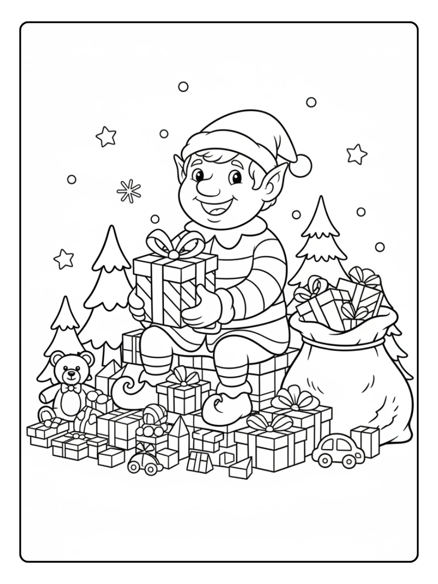 Elfi di Babbo Natale disegni da colorare con regali