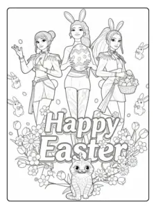 Disegni Kpop Demon Hunter Easter da Colorare – Ragazze con Coniglietto Pasquale