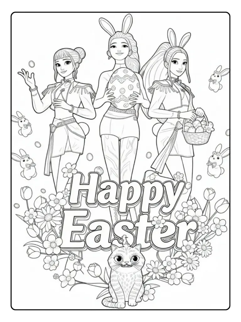 Disegni Kpop Demon Hunter Easter da Colorare – Ragazze con Coniglietto Pasquale