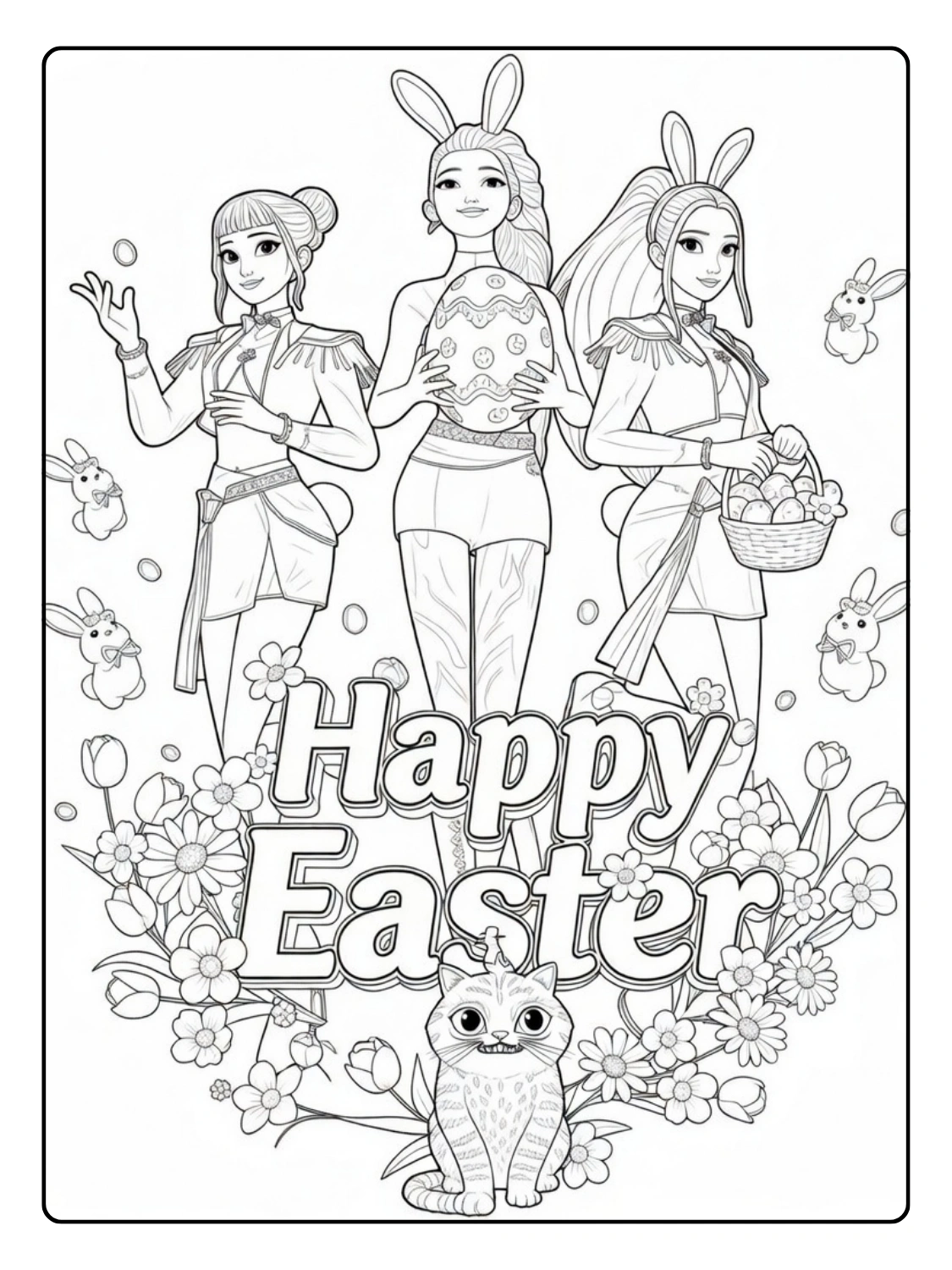 Disegni Kpop Demon Hunter Easter da Colorare – Ragazze con Coniglietto Pasquale