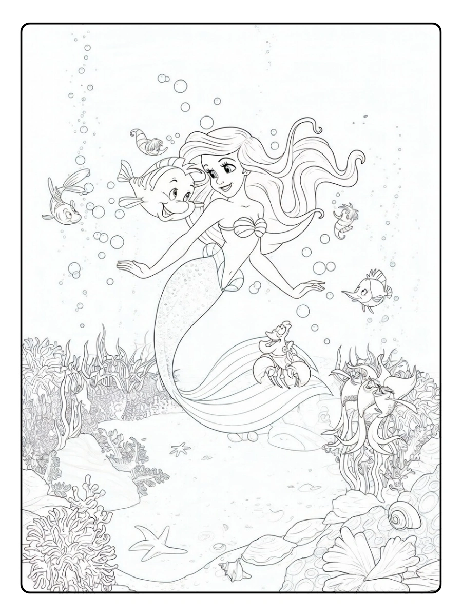 Disegni da Colorare Ariel – Ariel con amici marini