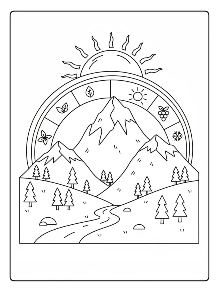 Disegni di Natura e Stagioni da Colorare – Montagne e sole Disegni di Natura e Stagioni da Colorare – Montagne e sole