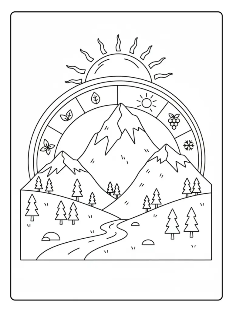 Disegni di Natura e Stagioni da Colorare – Montagne e sole