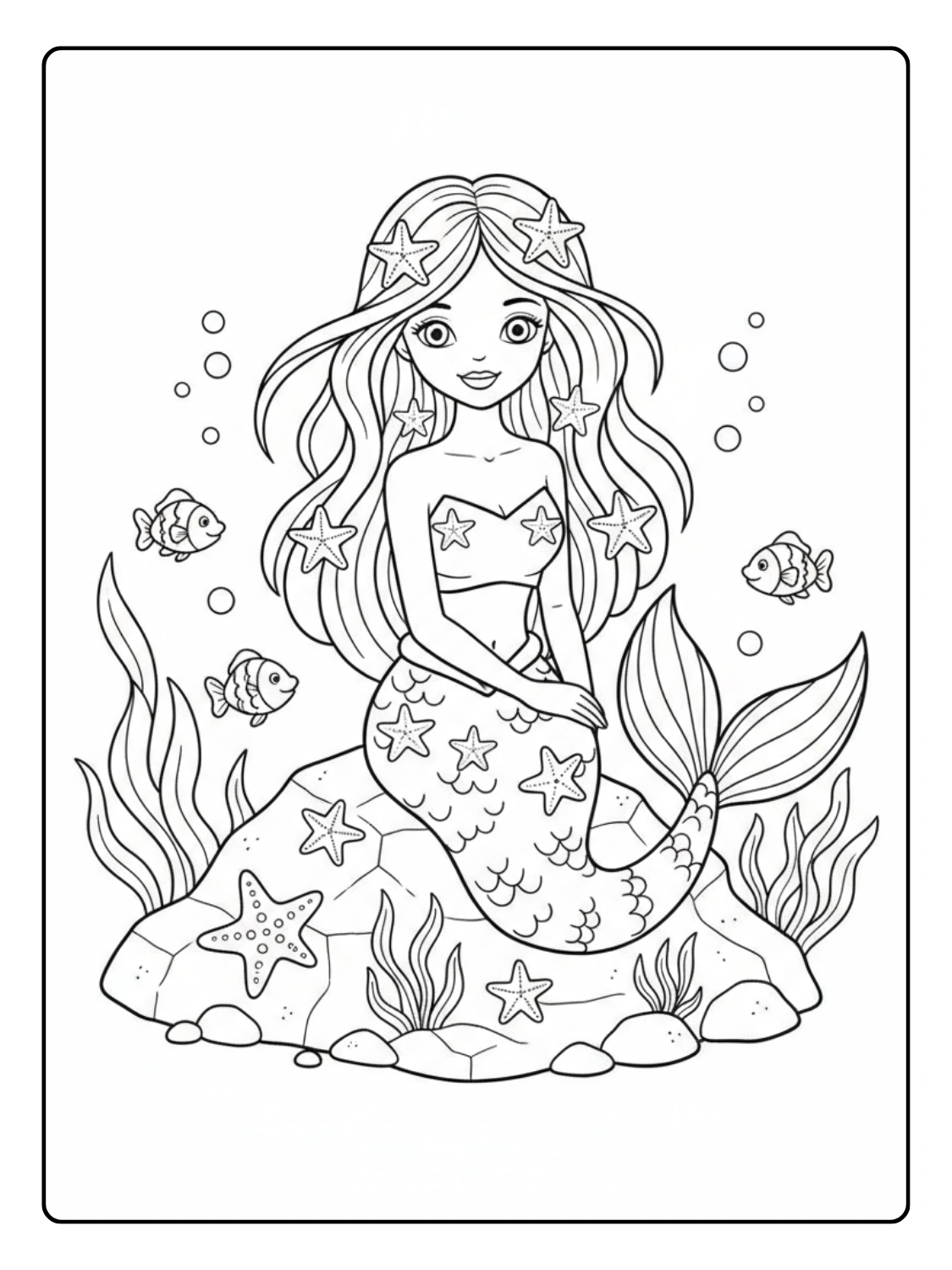 Sirena da Colorare – Sirena con stelle marine