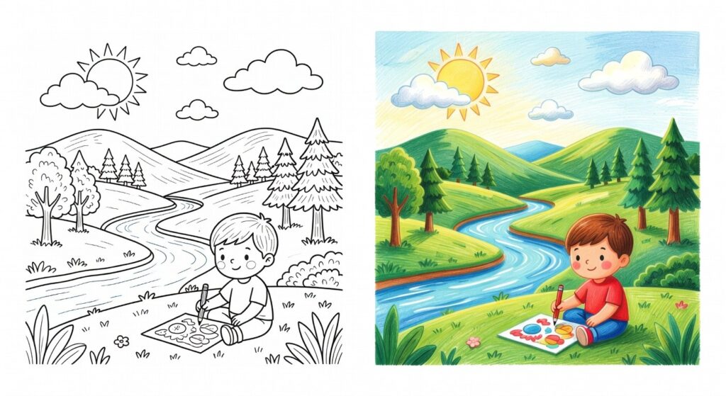 Bambino che applica tecniche di sfumatura su un disegno da colorare