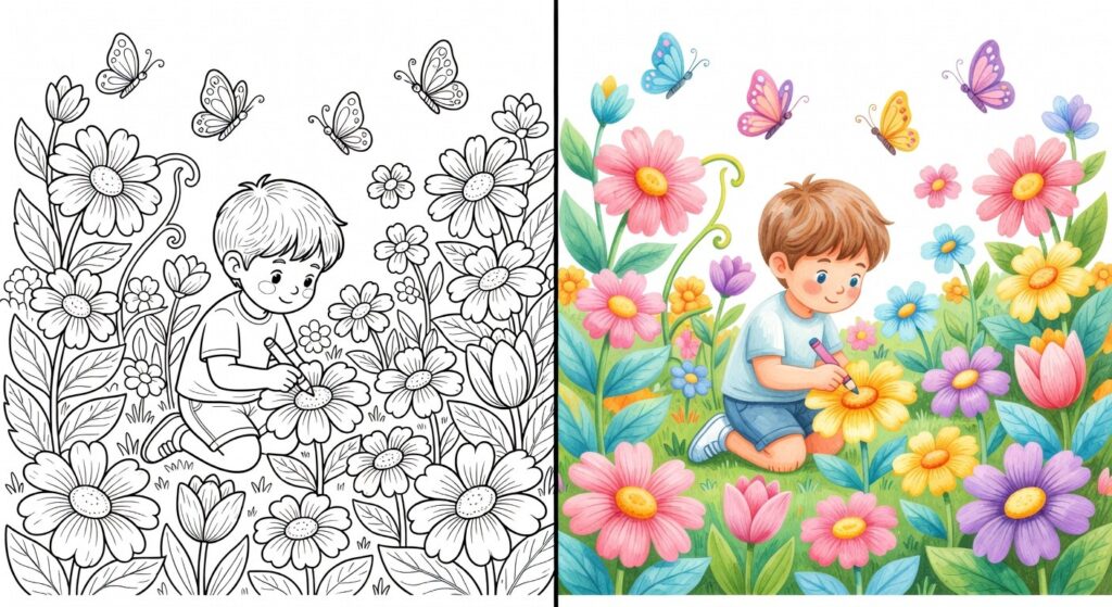 Bambino che colora un disegno di giardino con colori abbinati
