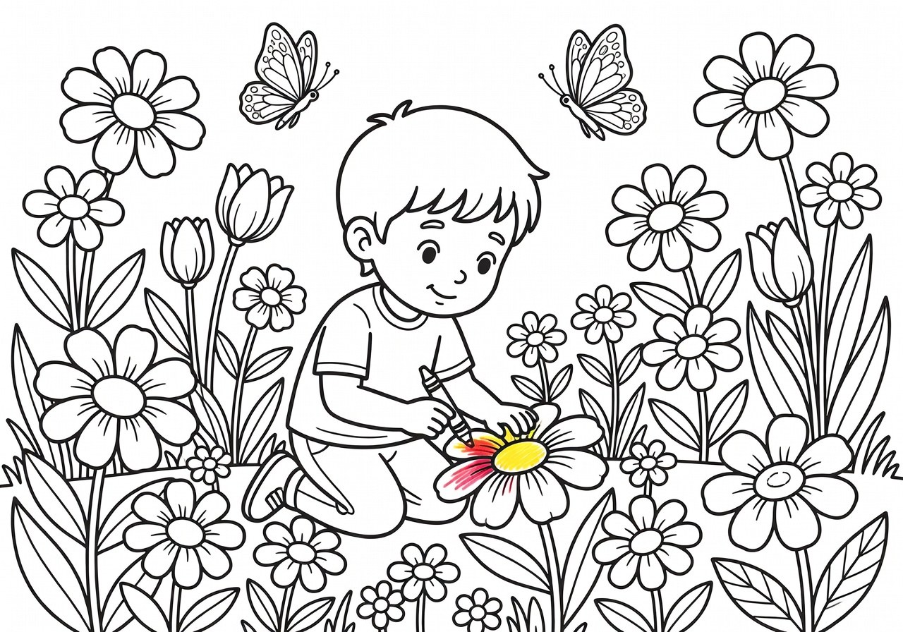 Disegno in bianco e nero di un giardino da colorare
