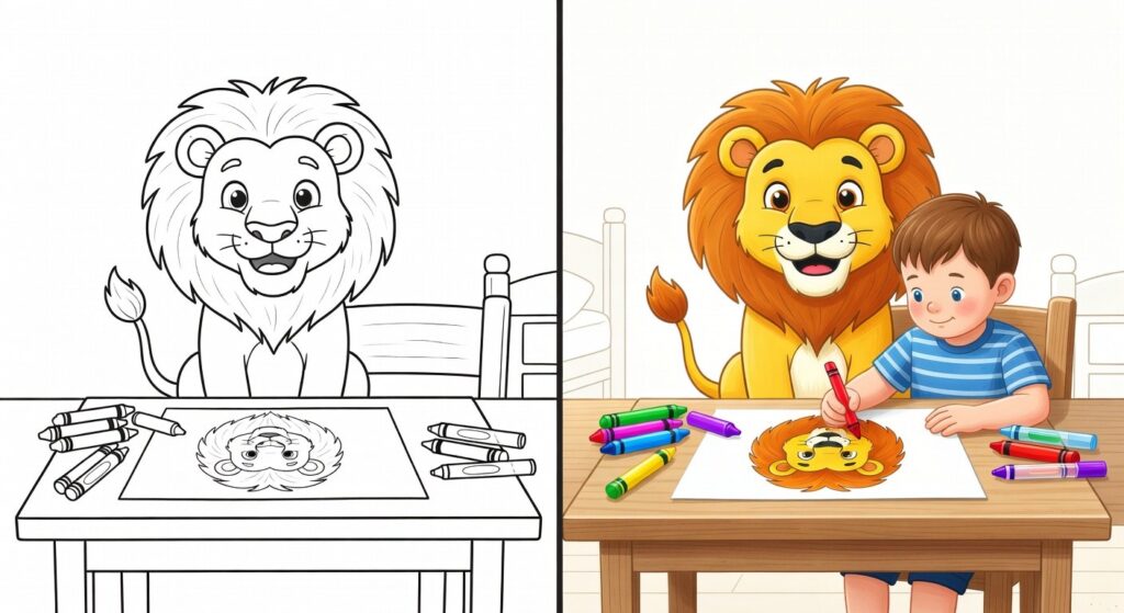 Bambino che colora un disegno stampato nitido a casa