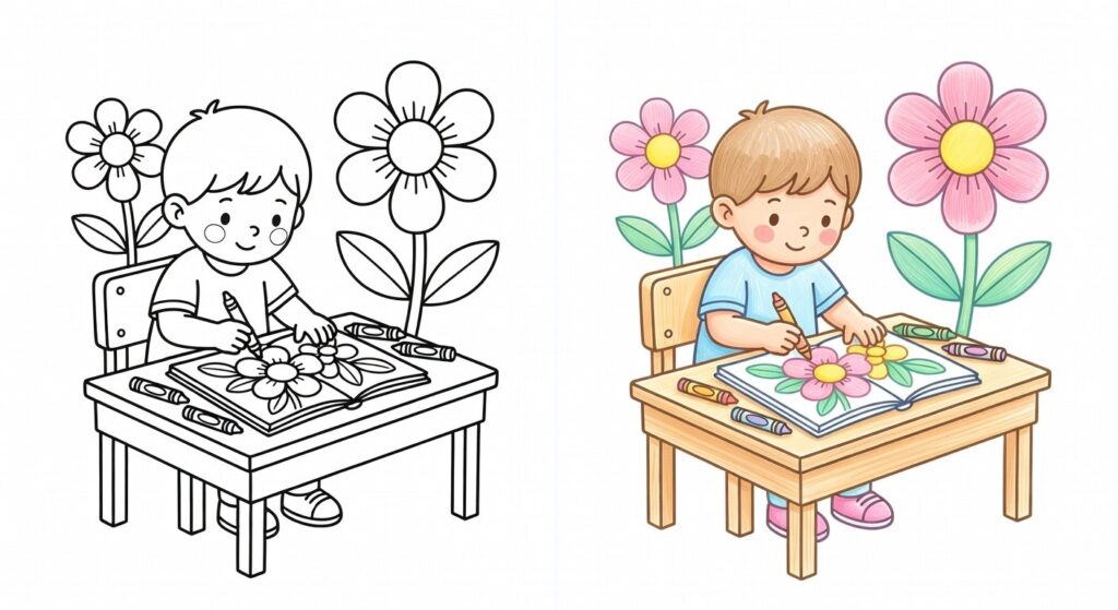 Bambino che colora attentamente un disegno floreale