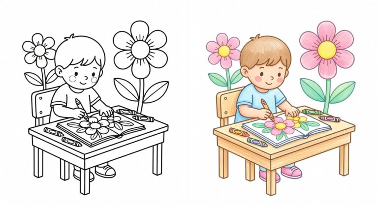 Bambino che colora attentamente un disegno floreale